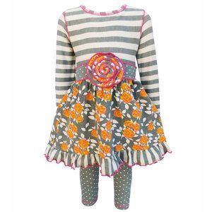 Ann Loren Grey Floral & Striped Dress & Polka Dot Leggings Clothing Set